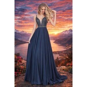 grey blue bridesmaid dress Wedtrend Women A Line V Neck Tulle Embroidered Leaves Long Formal Dress, Grey Blue / US2 US Size:Mom M dev-position-everything:number:19 Claire Mischevani Pale blue Available in select sizes